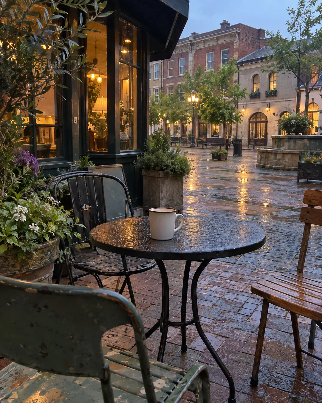 This is an atmospheric evening scene of a wet, rain-soaked European town square or plaza, photographed from a café or restaurant seating area. The foreground shows a small black round table with a white enamel mug, surrounded by metal chairs and potted flowers, while historic brick and stone buildings with illuminated windows line the square in the background. The scene appears deserted of people, creating a quiet, contemplative mood enhanced by the wet pavement reflecting the golden evening light and the cozy glow emanating from the storefronts and building windows.