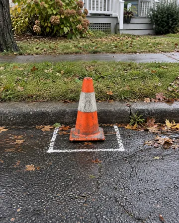 An orange and white traffic cone sits in the center of a wet asphalt driveway, marked with white painted lines forming a square around its base. The residential setting shows a house with white trim in the background, manicured lawn, fallen autumn leaves, and a curb line. The damp pavement and overcast conditions create a subdued, practical atmosphere typical of street maintenance or parking area marking.