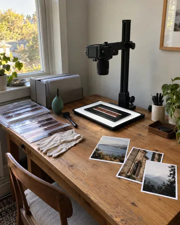 a finished project on a corner set up for scanning negatives, a corner set up for scanning negatives, bright window light