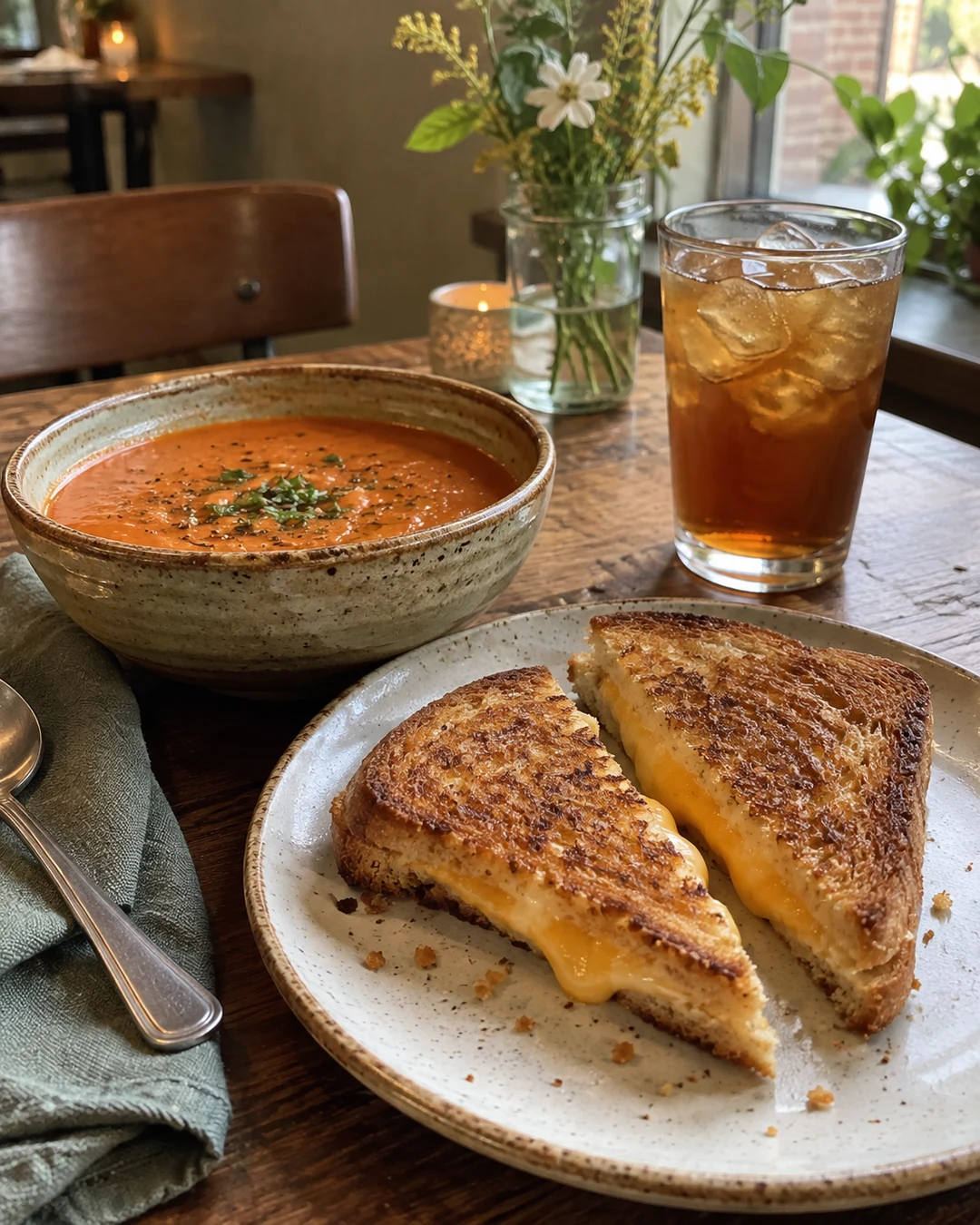 This is a cozy restaurant or café interior featuring a meal setup on a wooden table with two grilled cheese sandwiches on a speckled ceramic plate, a bowl of tomato soup garnished with herbs, and a glass of iced tea. The setting includes fresh flowers in a vase, candles in the background, and a warm, inviting atmosphere with natural lighting from a nearby window. No people are visible in the image, which focuses on the food and ambient dining environment.