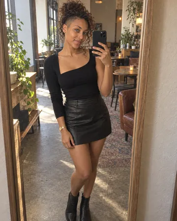 a mirror selfie of June in a going-out top and a leather mini skirt, Paper Moon, soft morning light