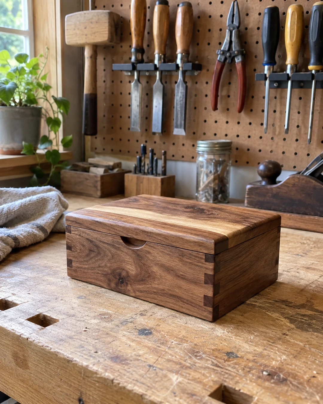 a finished project on a workbench with hand tools on a pegboard, a workbench with hand tools on a pegboard, bright window light