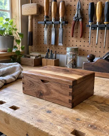 a finished project on a workbench with hand tools on a pegboard, a workbench with hand tools on a pegboard, bright window light