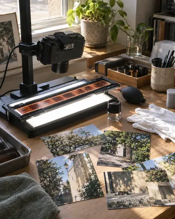 a finished project on a corner set up for scanning negatives, a corner set up for scanning negatives, bright window light