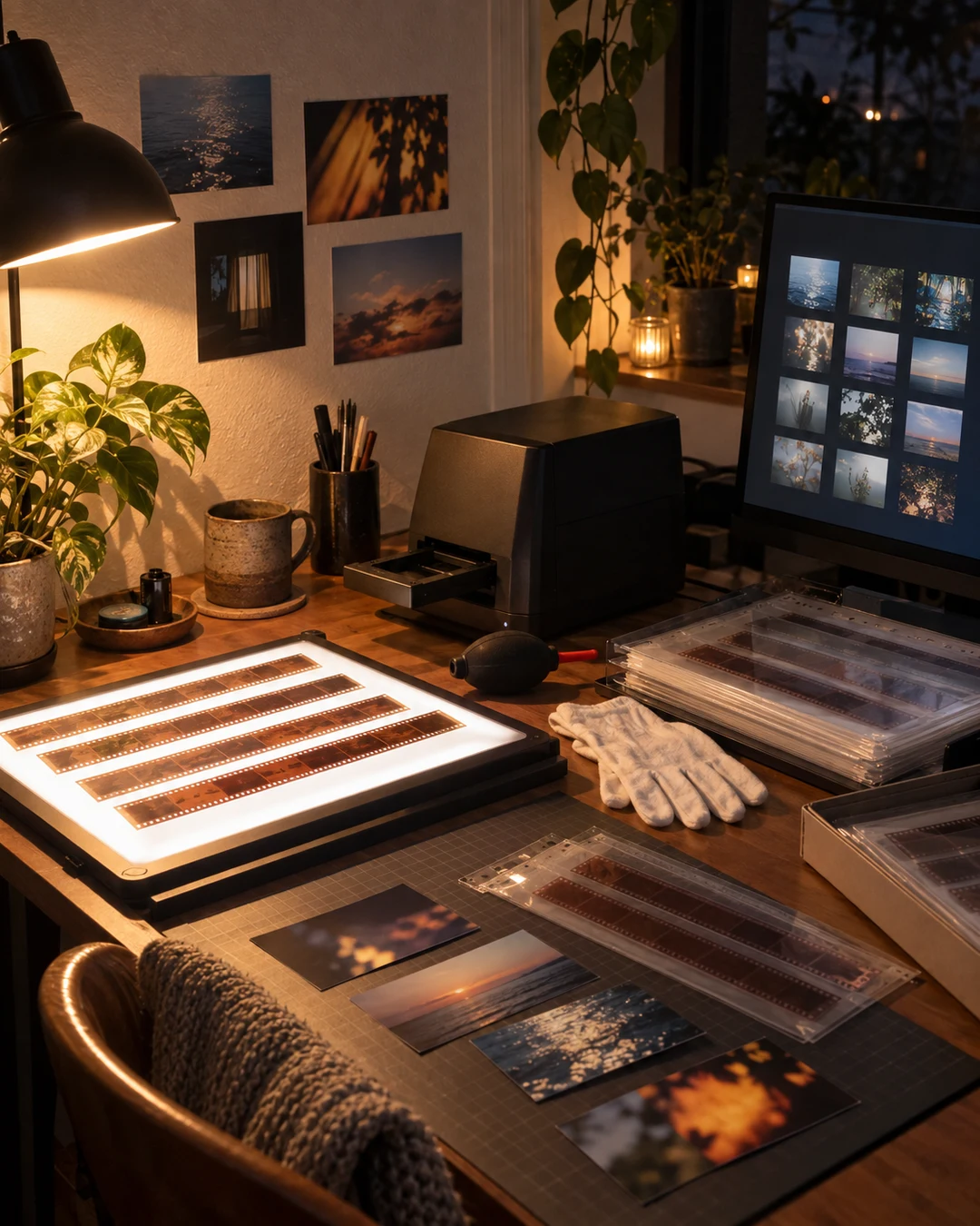 a finished project on a corner set up for scanning negatives, a corner set up for scanning negatives, warm lamp light