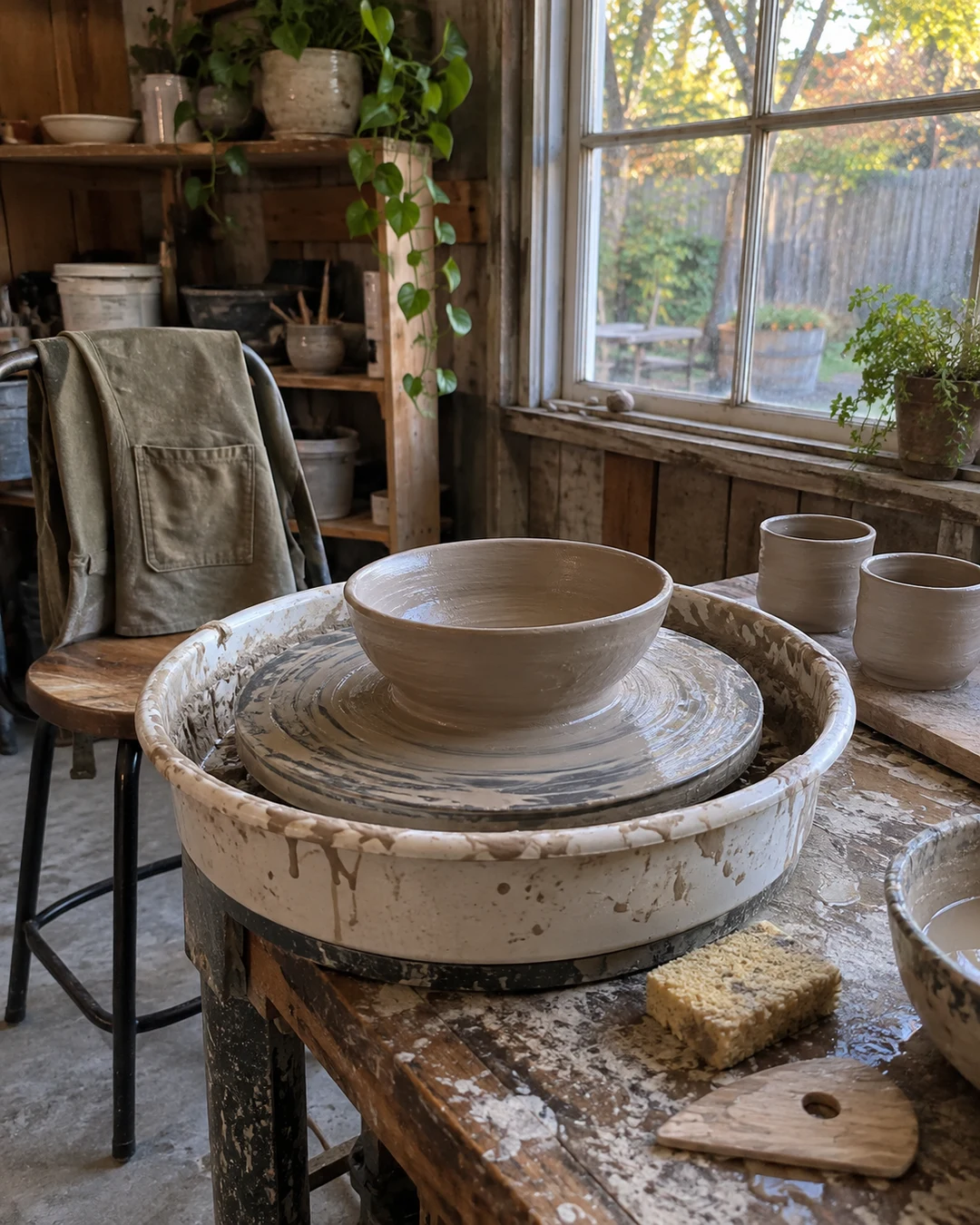 This image shows a pottery studio or workshop with no people visible. The space features a potter's wheel in the foreground displaying various handmade ceramic pieces including bowls and vessels in natural clay tones, along with shelving in the background holding plants and pottery supplies. The setting has a rustic, artistic atmosphere with warm natural light streaming through large windows that overlook an autumn landscape, creating a calm and creative environment.