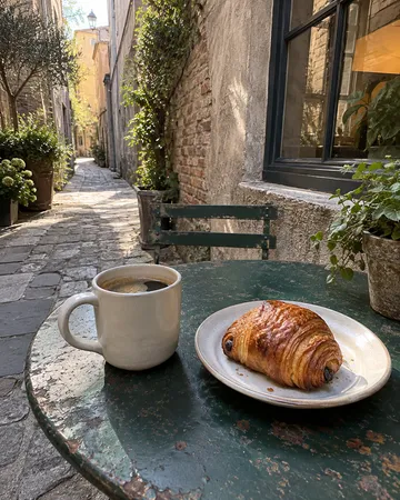 a coffee and something to eat on a table, Static Alley, soft window light
