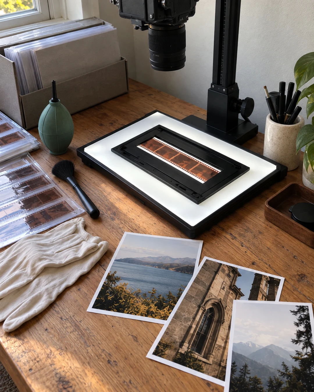 a finished project on a corner set up for scanning negatives, closer up, a corner set up for scanning negatives, bright window light