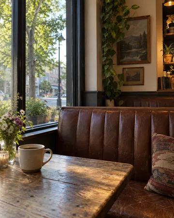 This is a cozy, upscale café or restaurant interior with no people visible. The scene features a brown leather booth seating along a large window overlooking a sunny urban street with trees and buildings, a wooden table with a cream-colored mug of hot beverage, fresh flowers in a vase, and warm, ambient lighting. The sophisticated atmosphere is enhanced by framed landscape paintings, climbing ivy, bookshelves, and rich wood tones that create an inviting, intimate setting.