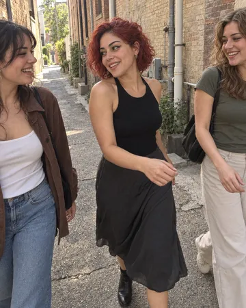Zoe with friends in a halter top and a flowy midi skirt, Static Alley, daylight