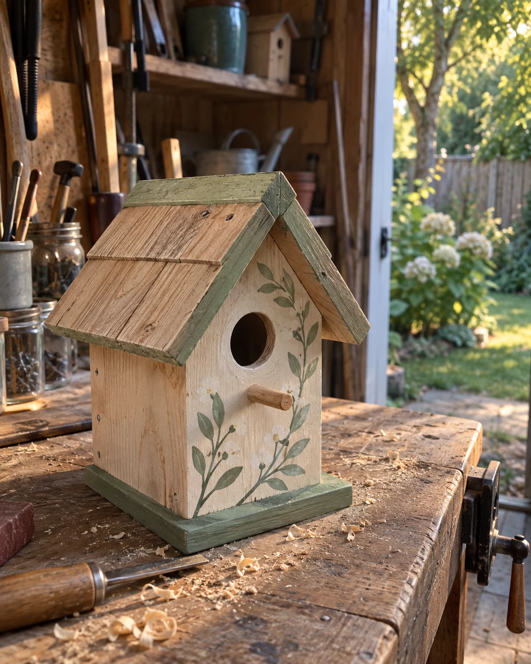 This image shows a handcrafted wooden birdhouse sitting on a workbench in a workshop setting. The birdhouse features natural light wood with decorative green-painted leaf designs on its sides and a matching green roof and base. The workshop background reveals various tools, shelves, jars, and supplies, with sunlight streaming through open doors that frame a garden view with flowering plants and trees. There are no people visible in the photo, and the mood is peaceful and artisanal, capturing a moment of craftsmanship in progress.