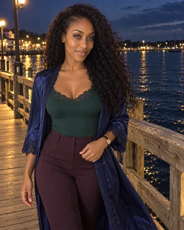 an outfit photo of Jas in fitted bodysuits and silk robe in jewel tones and lace, the pier at dusk, streetlights