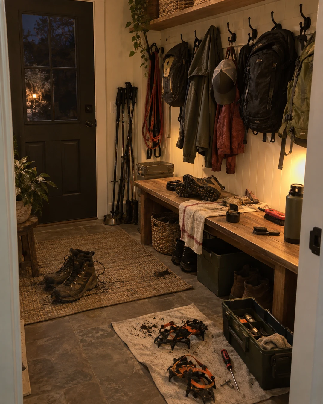 a work in progress on a mudroom hung with trail gear, a mudroom hung with trail gear, warm lamp light