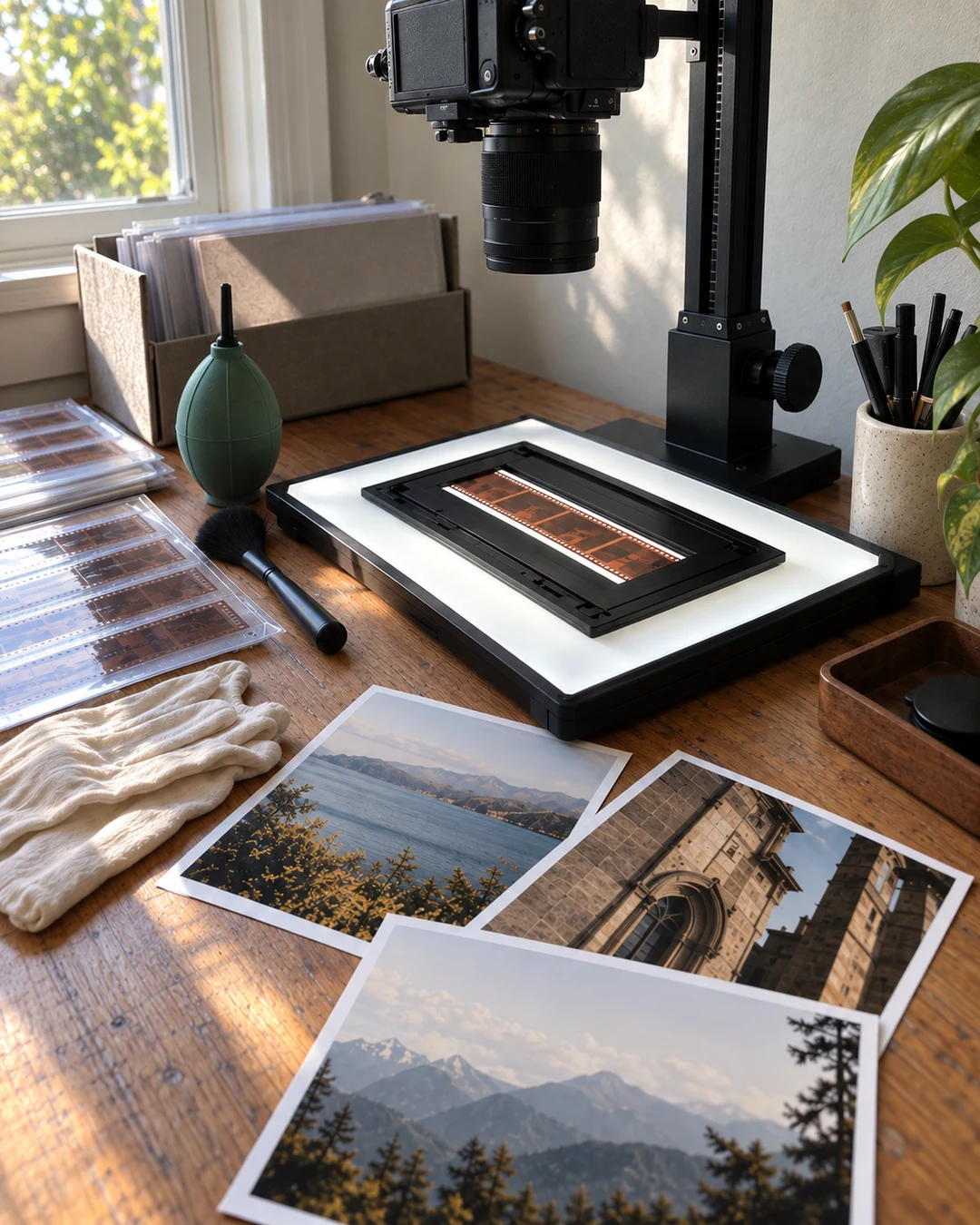 a finished project on a corner set up for scanning negatives, from a different angle, a corner set up for scanning negatives, bright window light