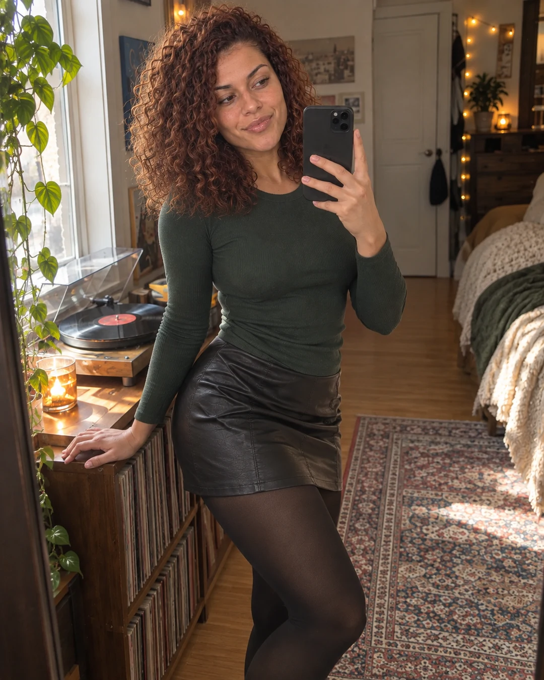 a mirror selfie of Cleo in a going-out top and a leather mini skirt, from a different angle, an apartment with string lights and a record player, bright window light