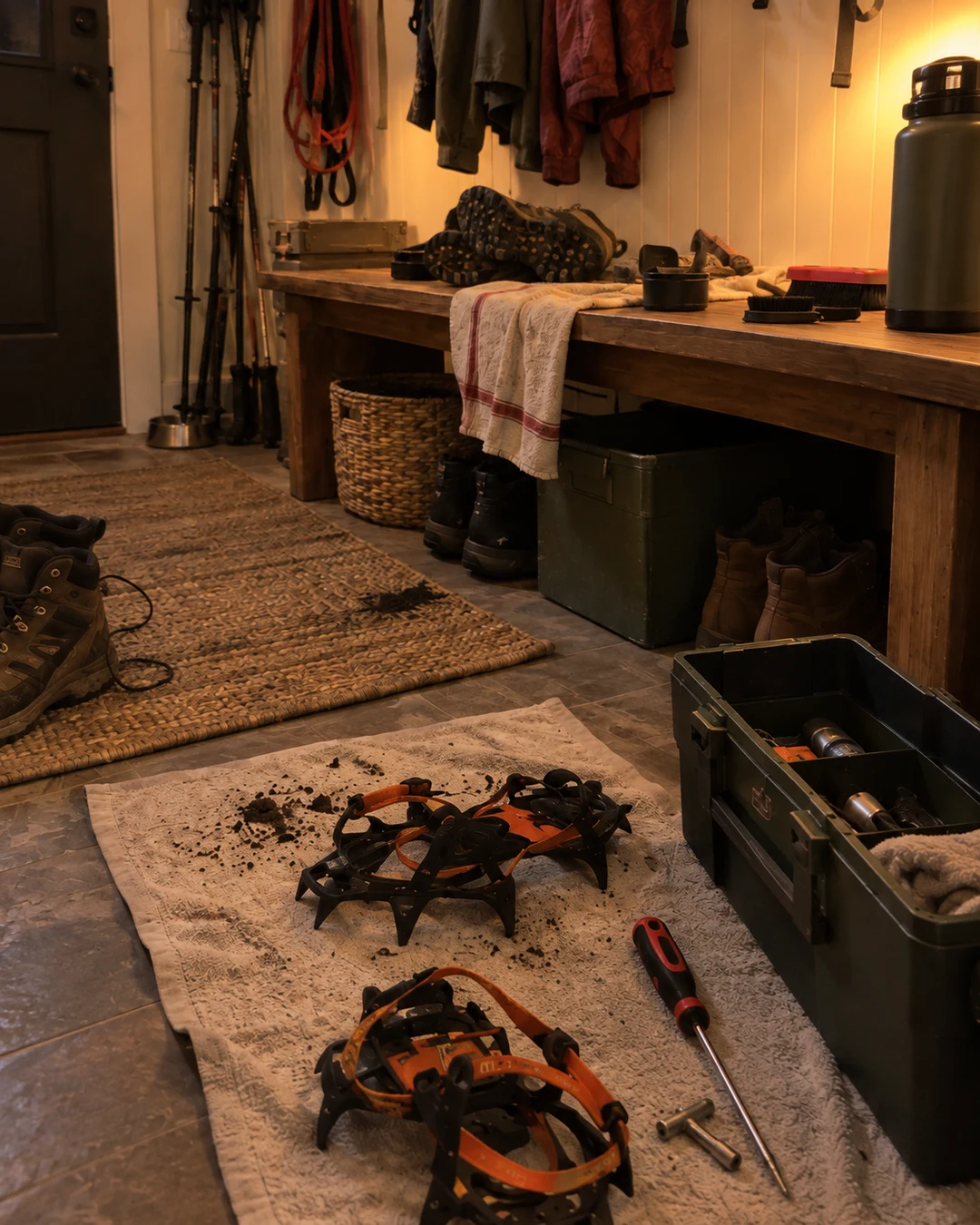 a work in progress on a mudroom hung with trail gear, closer up, a mudroom hung with trail gear, warm lamp light