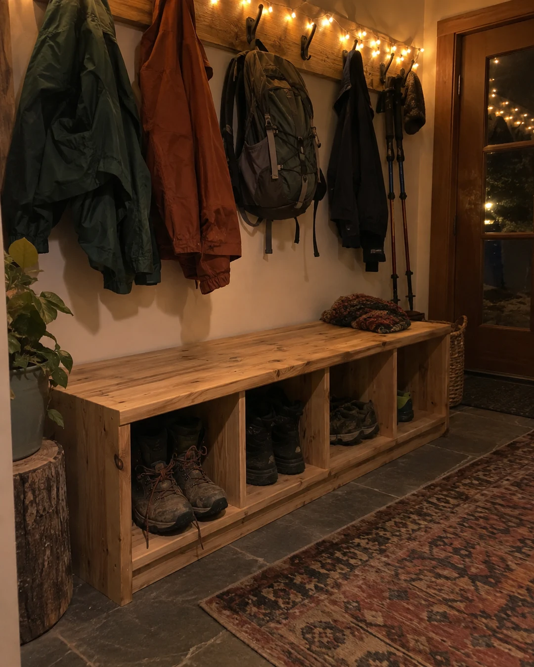 a finished project on a mudroom hung with trail gear, a mudroom hung with trail gear, string lights