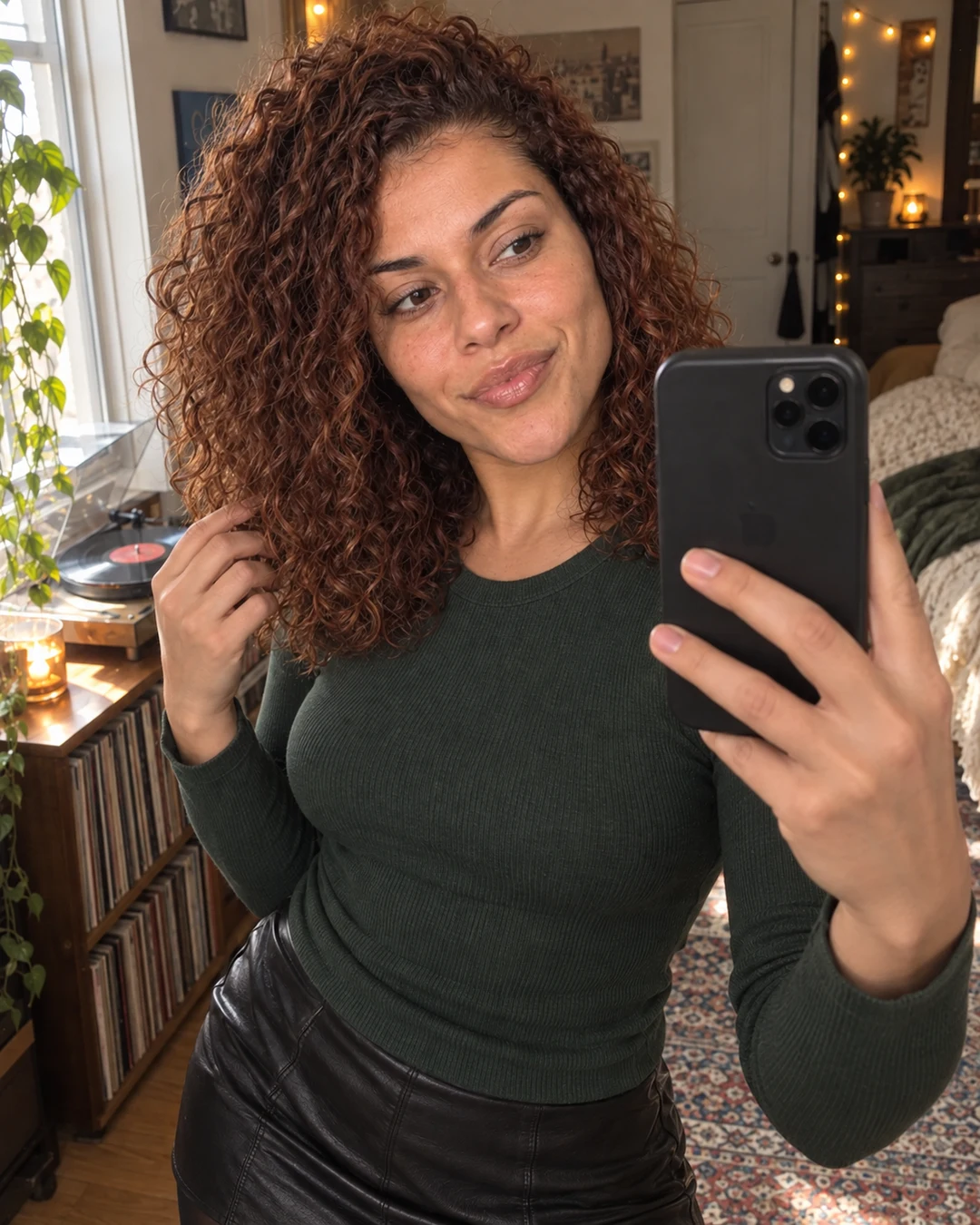 a mirror selfie of Cleo in a going-out top and a leather mini skirt, closer up, an apartment with string lights and a record player, bright window light
