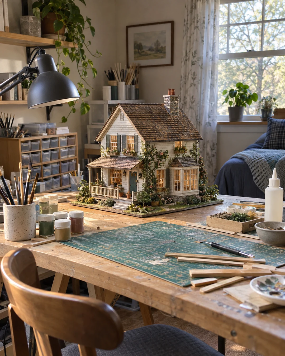a finished project on a spare room set up for the hobby, a spare room set up for the hobby, bright window light