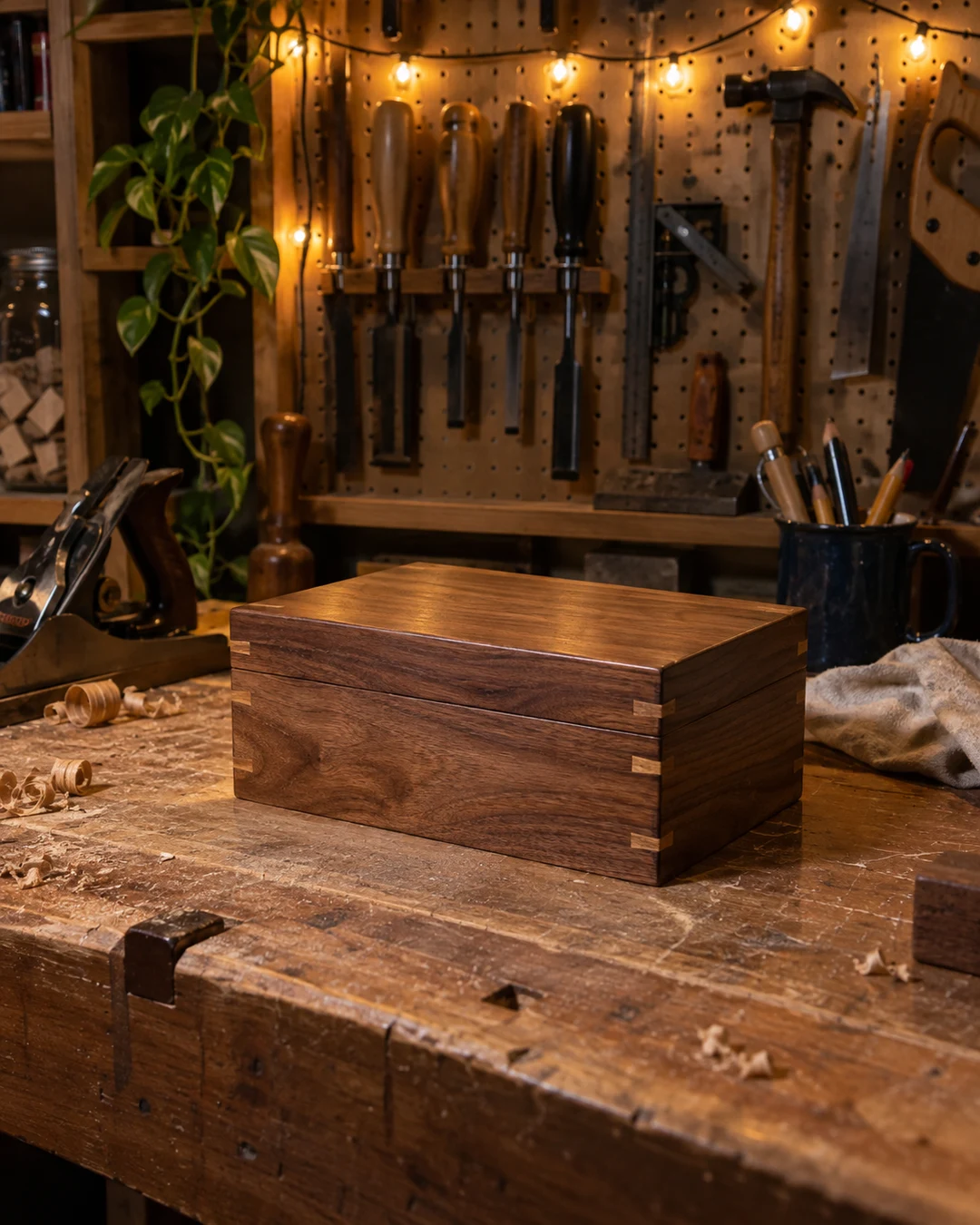 a finished project on a workbench with hand tools on a pegboard, a workbench with hand tools on a pegboard, string lights