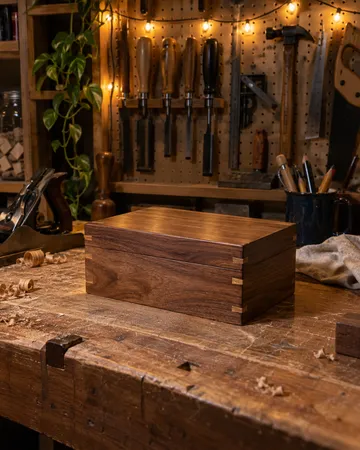 a finished project on a workbench with hand tools on a pegboard, a workbench with hand tools on a pegboard, string lights